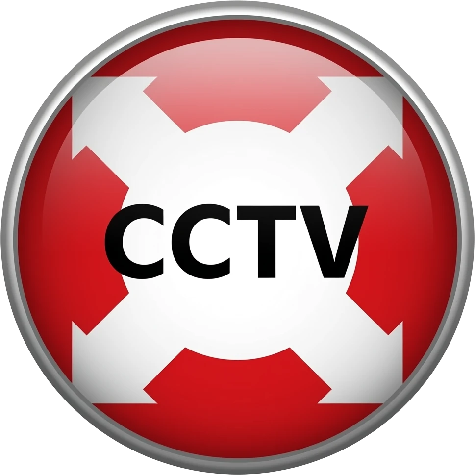 Red filled circle with white X and arrow on all end points on the X white circle in the middle. Big bold CCTV word in the centre in black emoji