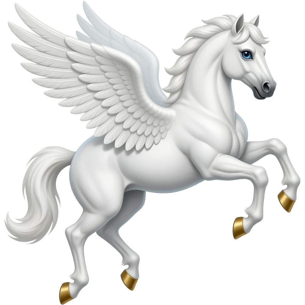a white  muscle  stallion flying with wings, a short mane, blue eyes, and gold hooves emoji
