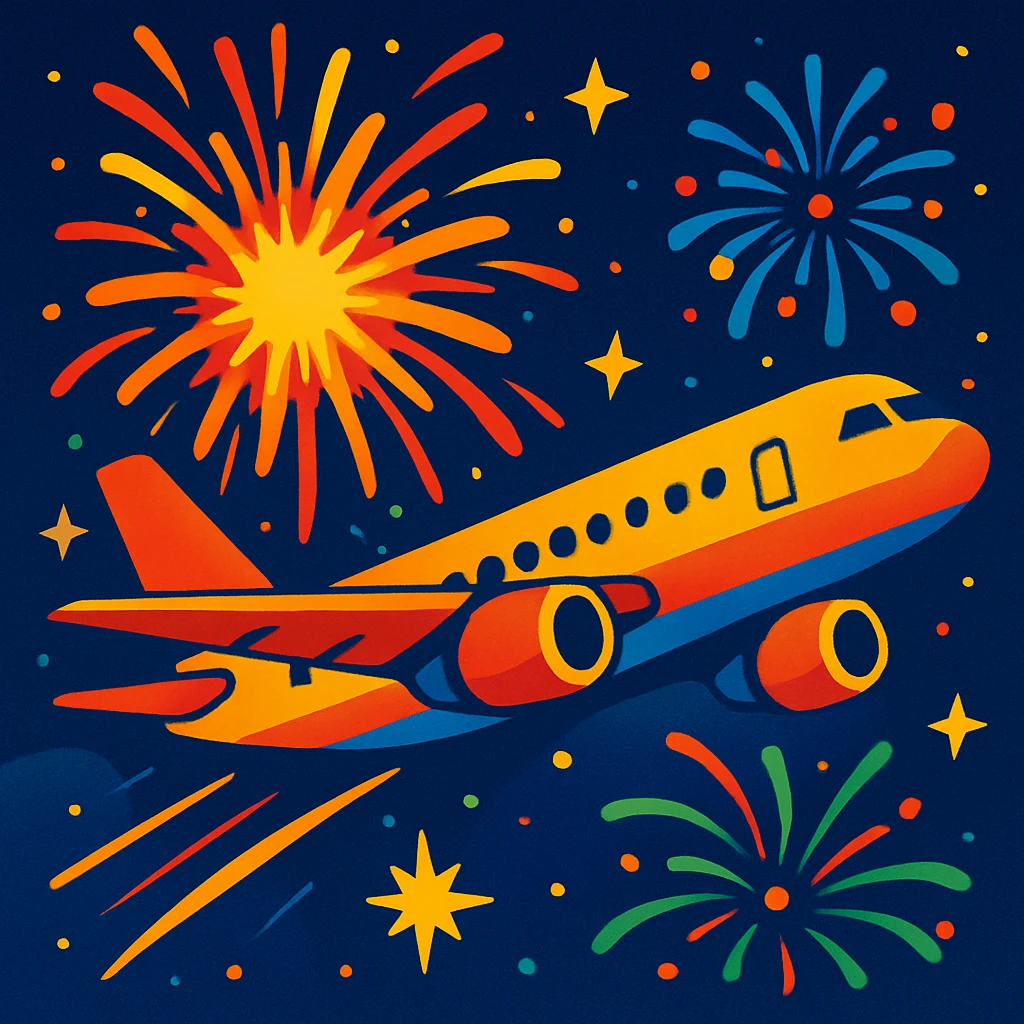 A passenger plane in the night sky, surrounded by bright fireworks and a large explosion of light and color emoji