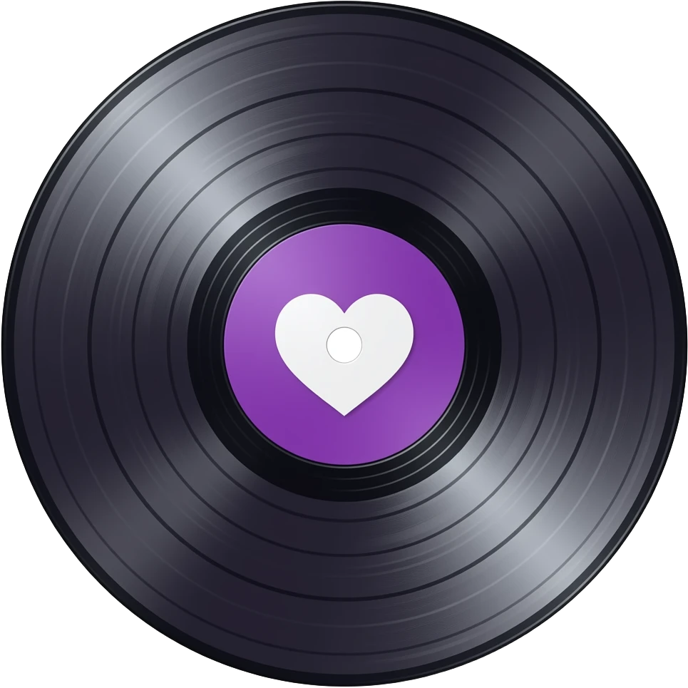 record album light purple surface, with purple center with white heart. vintage emoji