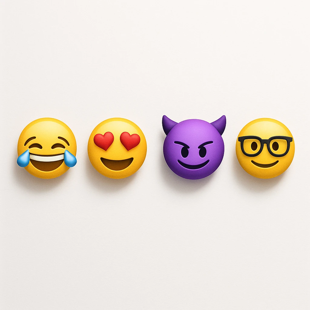 make four emojis on white background with good amount of shadow, four emojis of smiley's only. one laughing, second heart eyes, third purple devil and four black glasses emojis  emoji