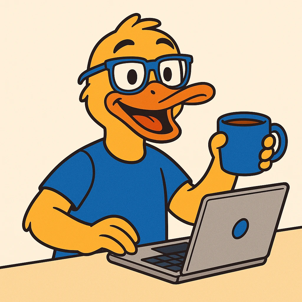 developer duck with laptop and coffee mug, primary colors #0090df, #fc9e19, #db8006b, optional secondary colors for highlights, welcoming and happy emoji