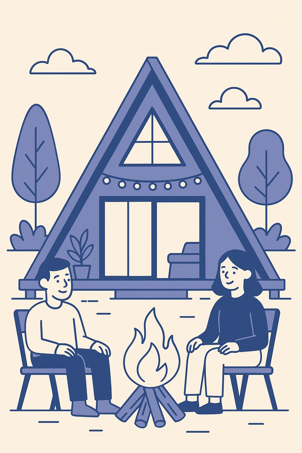 A-Frame house in a glamping setting, cozy and inviting, surrounded by nature, with a campfire or string lights, modern illustration style emoji