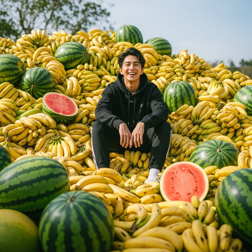 kai cenat on a pile of bananas and watermelons emoji