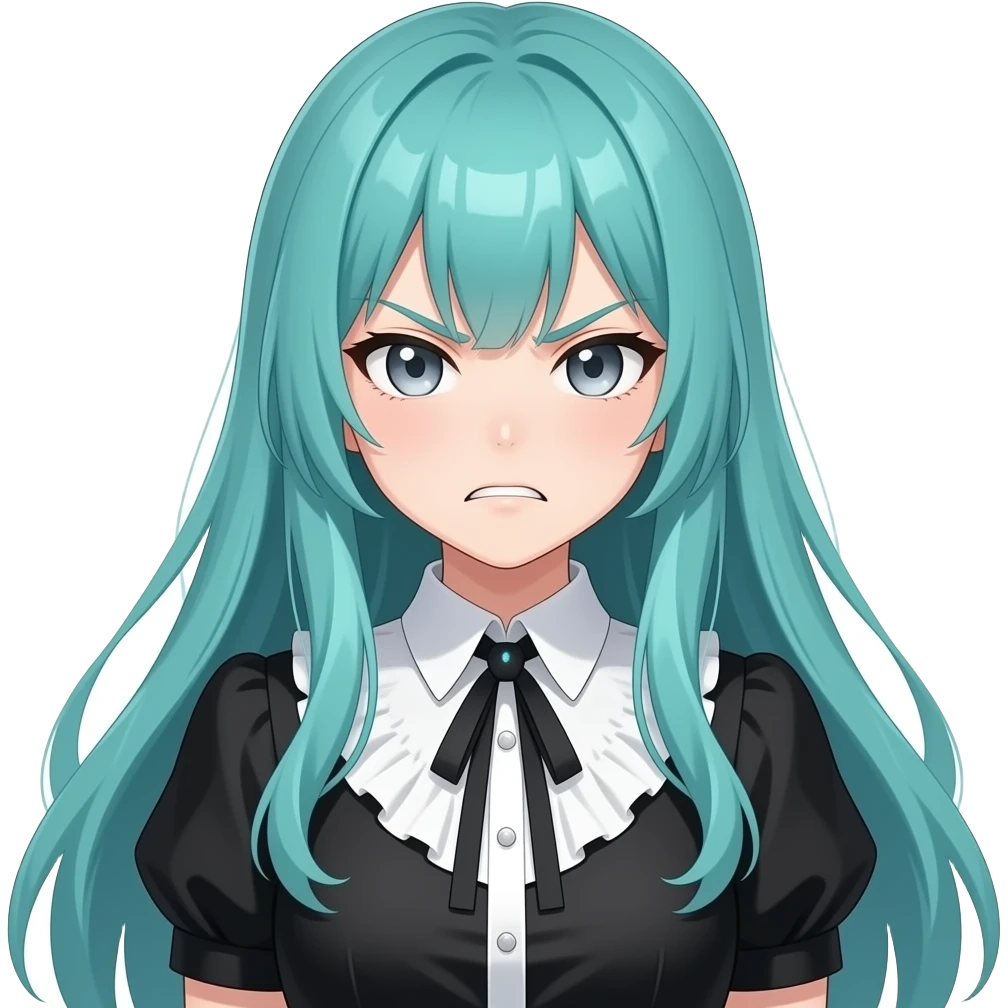 anime girl, angry face, long flowing teal hair, grey eyes, black shoulder cyberpunk blouse with fancy white collar emoji