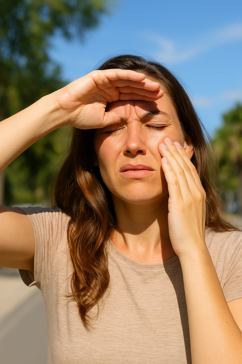 Donna che ha male agli occhi con il sole emoji