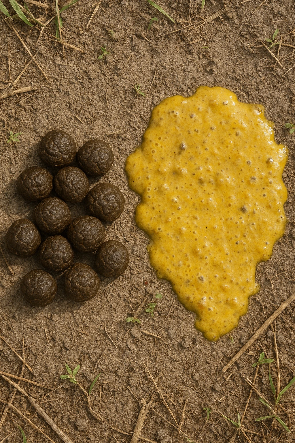 feci di animale a palline viste dall'alto e feci di animale liquide e gialline viste dall'alto, iperrealistico 4k emoji