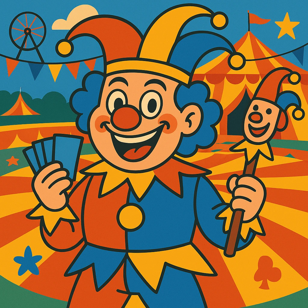 Add a vibrant circus background behind the wacky joker clown playing card, keeping the playful and whimsical vibe. emoji