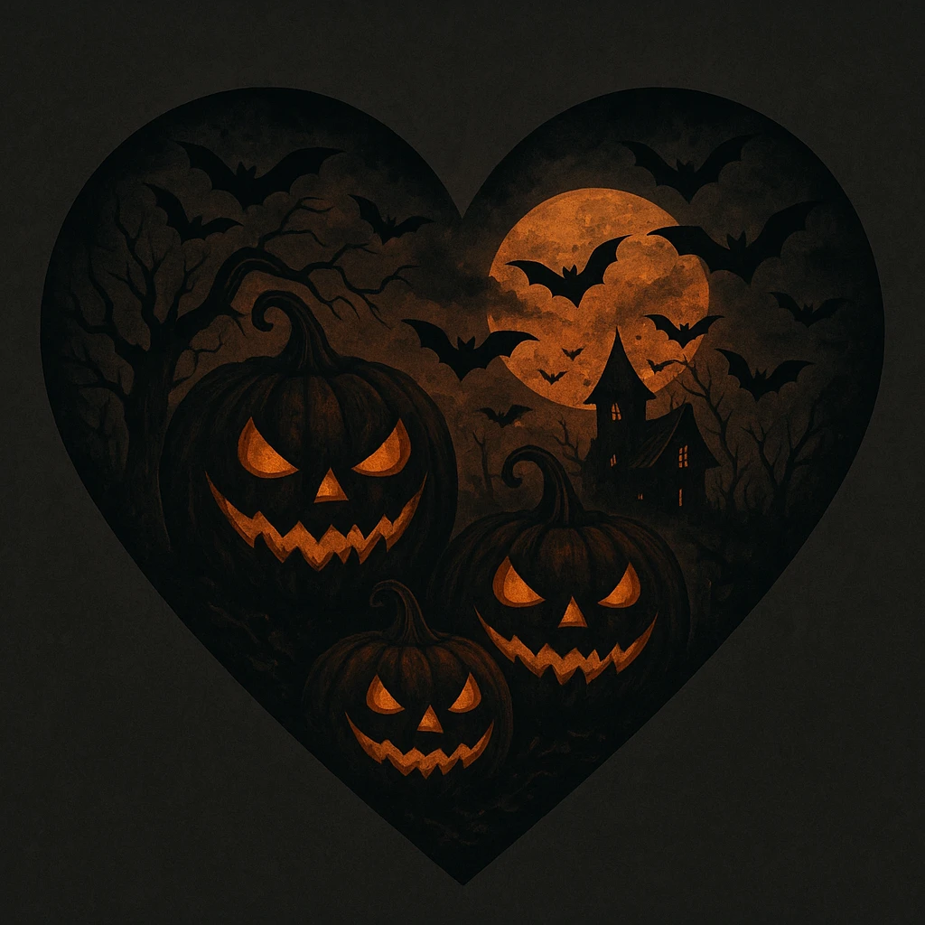 heart with Halloween theme, spooky, pumpkins, bats, dark colors emoji