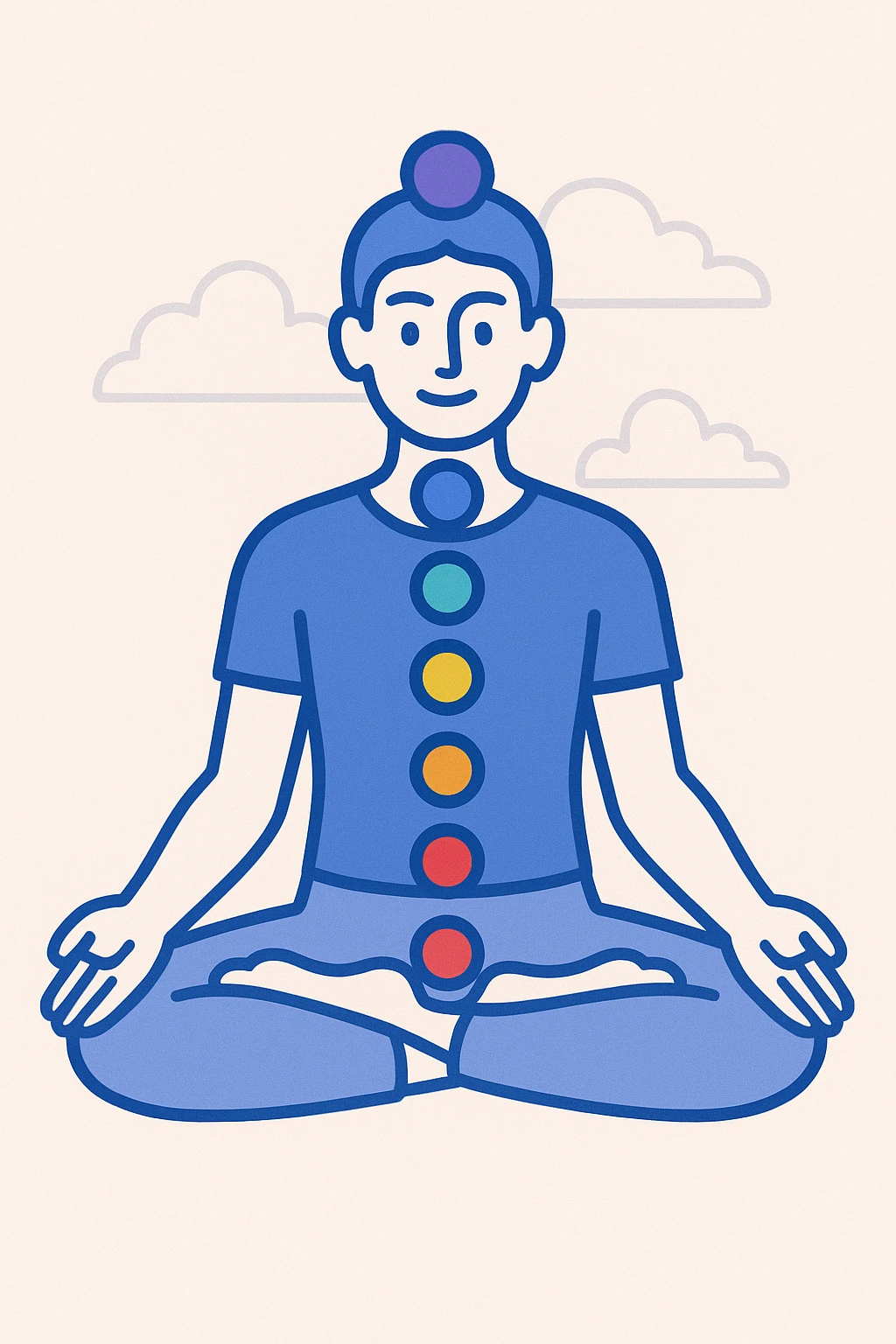 human silhouette meditating in lotus posture with aligned chakras marked with vibrant colors at each energy point, neutral background, clear and modern illustration style emoji