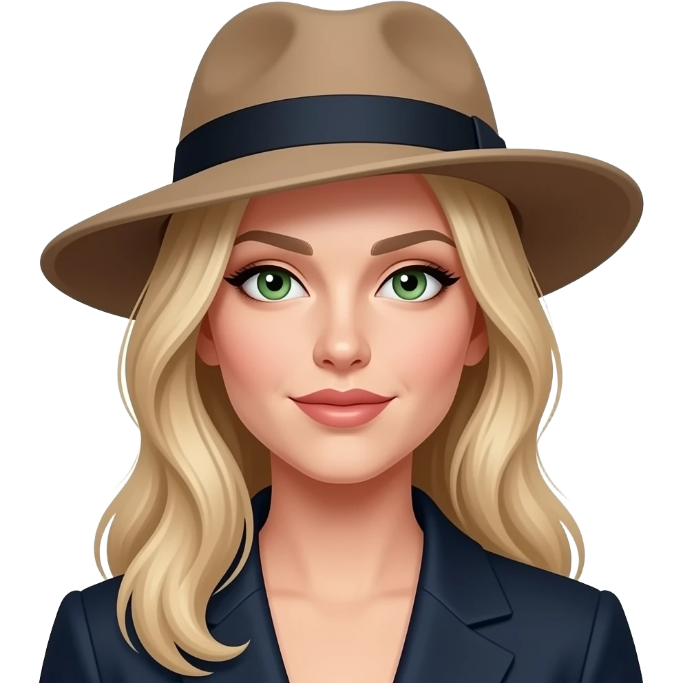 Hat tip more sophisticated female blond not in man clothes green-hazel eyes emoji