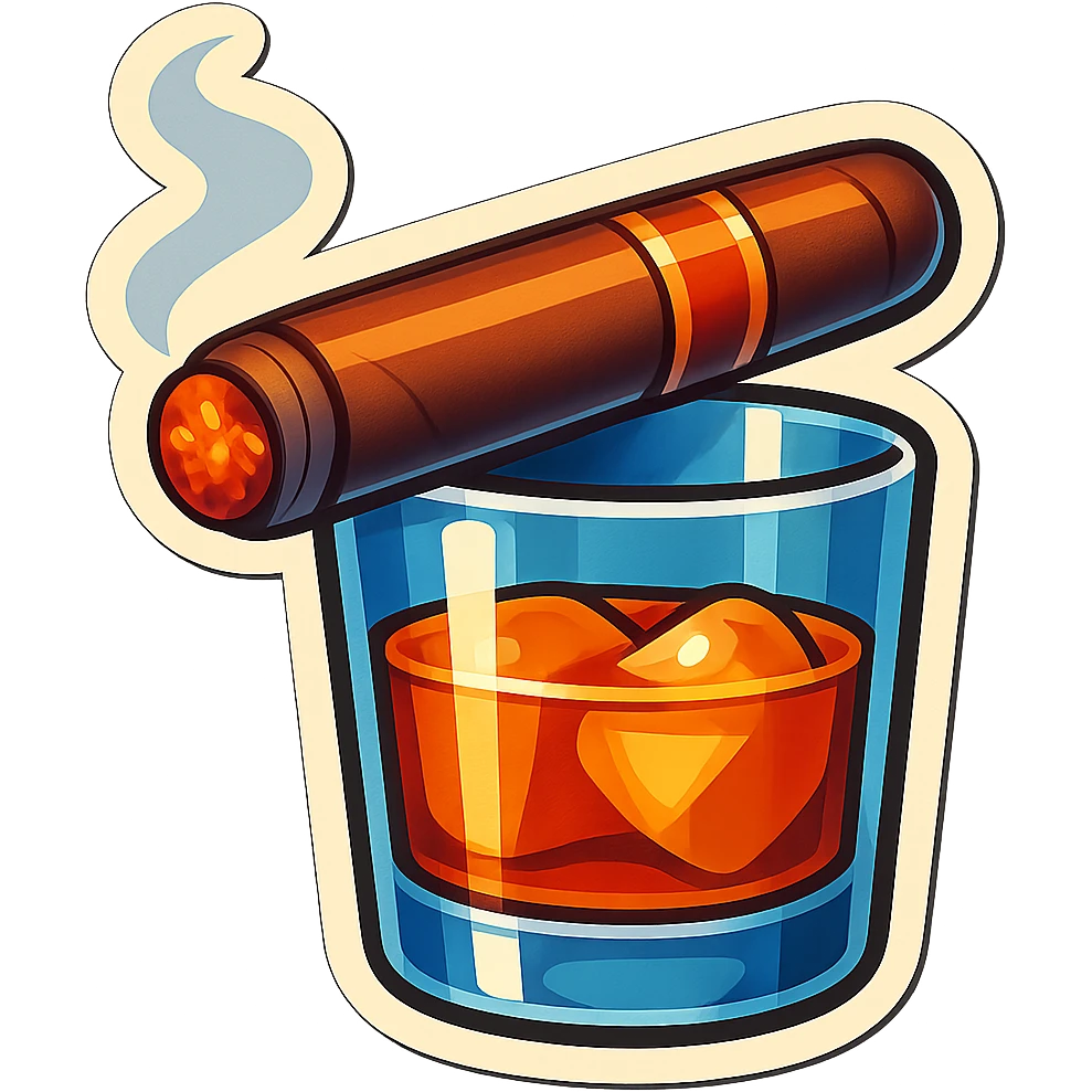 a smoking cigar and whiskey tumbler, classic, vintage look, retro sticker style emoji