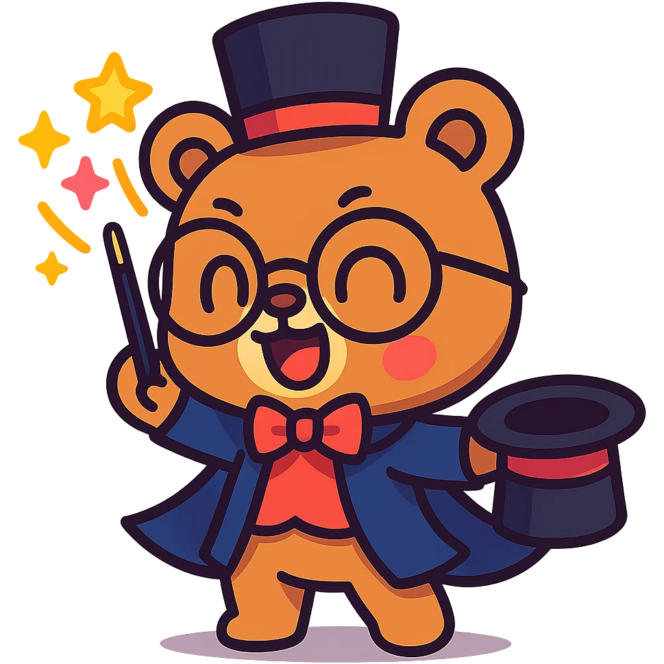 chibi bear with glasses performing magic, animated style, cute and vibrant emoji