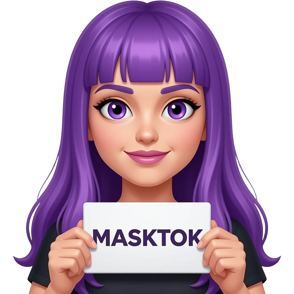 sexy girl with long purple hair and purple eyes holding a MASKTOK sign emoji