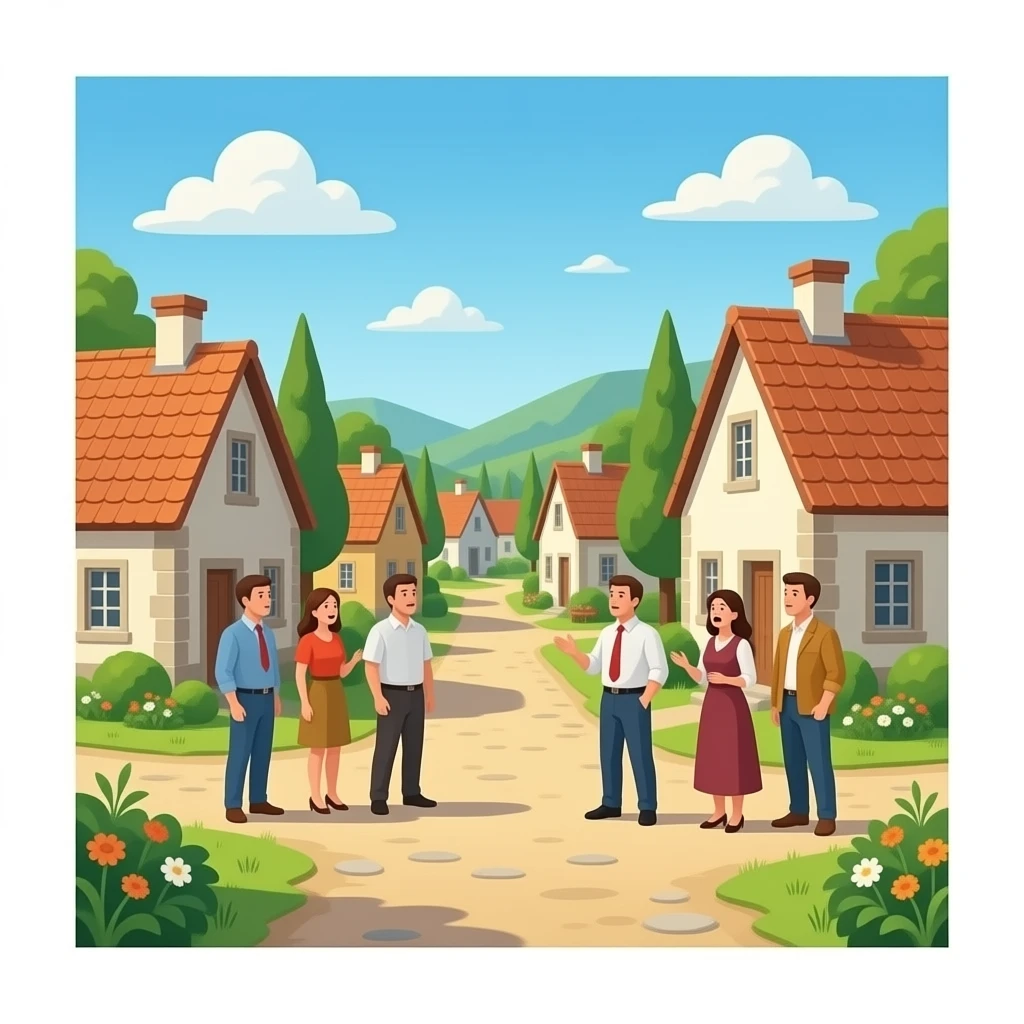 quiero un pueblo que salgan personas hablando entre ellas y una de ellaseste asustada y que sea realista emoji