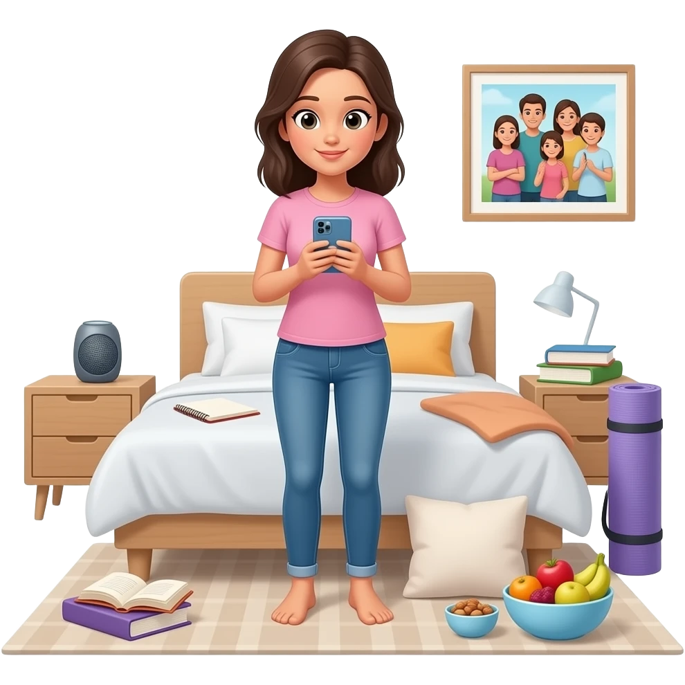adolescente mujer moderna en el centro de una habitación, usando el celular, con elementos alrededor que representen bienestar integral: música, estudio, descanso, movimiento, alimentación, vínculos. emoji