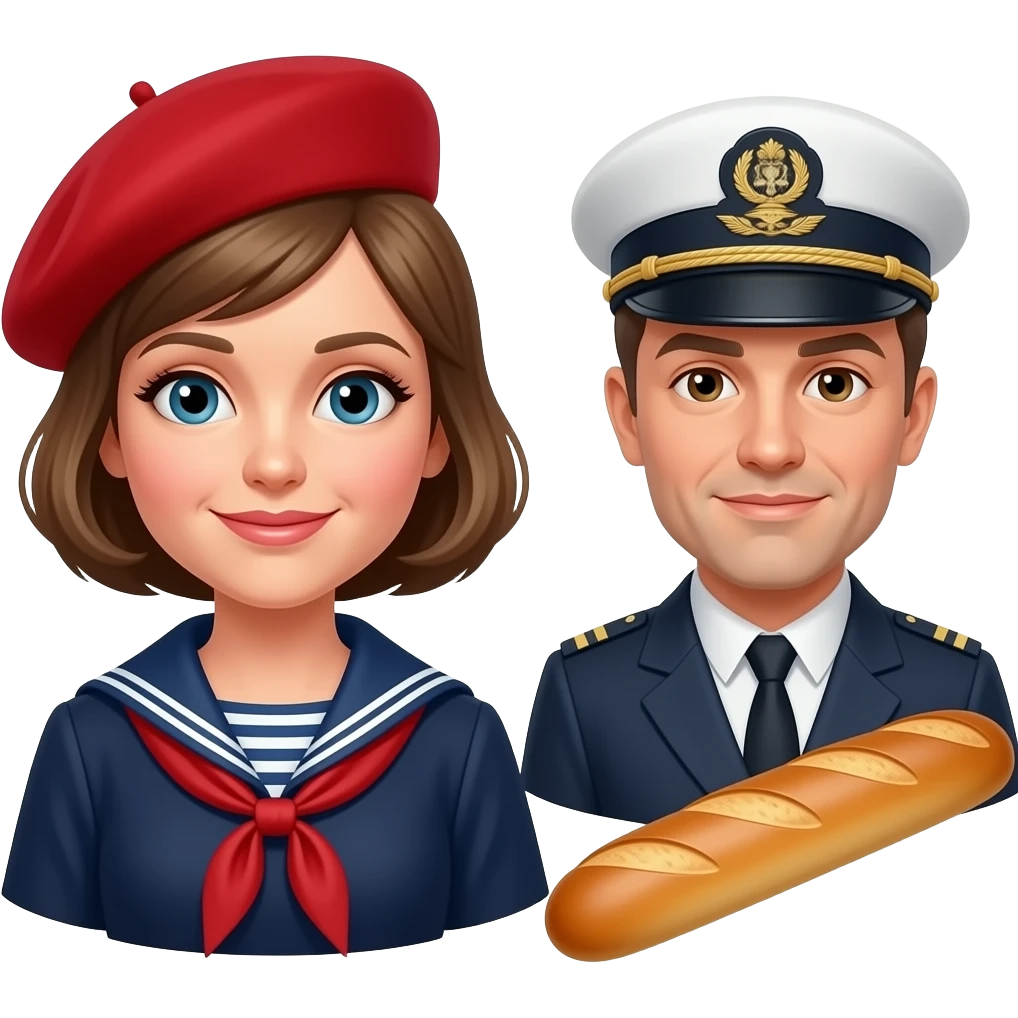 A French woman with a red beret, a sailor and a baguette of bread emoji