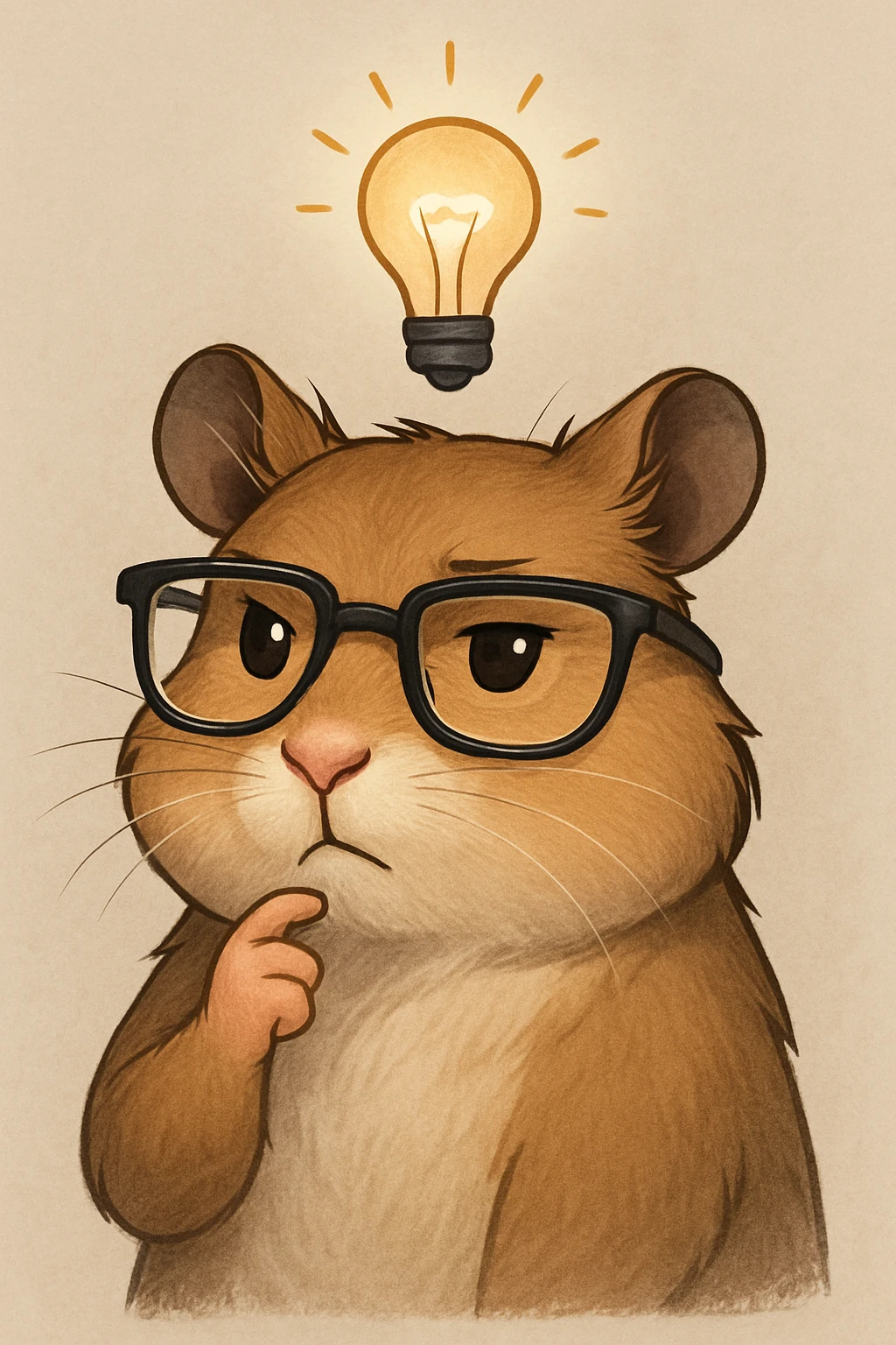a modern, semi-realistic hamster thinking about an idea, wearing cool glasses, with a lightbulb above its head, sophisticated illustration style, mature and contemporary look emoji