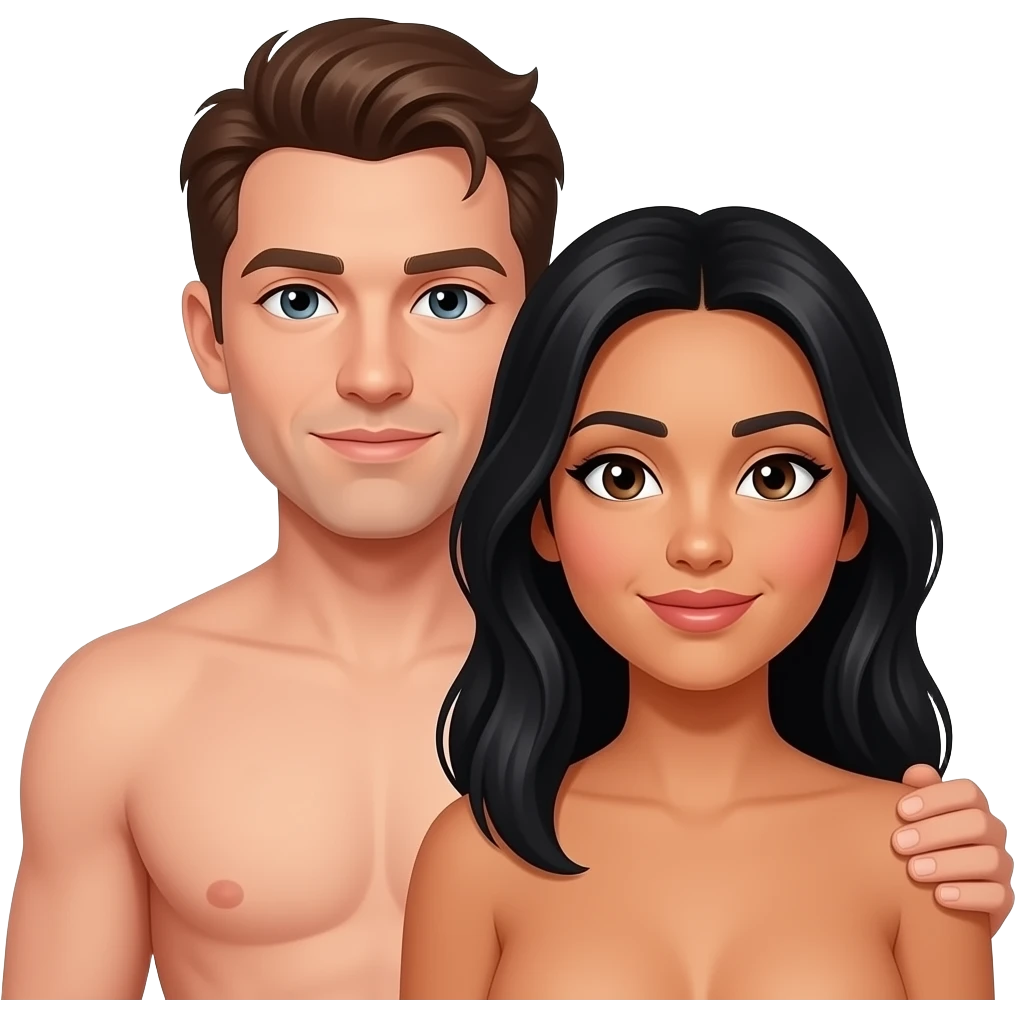 A white man with brown hair holding and a Hispanic woman with black hair both naked emoji