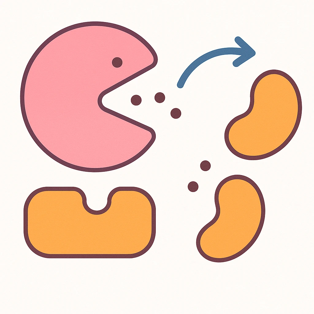 Ultra-detailed scientific illustration  (like in a school book) of enzyme digestion. Macro molecular view, clean white background, no text, no human figures or cartoon characters. Purely biological focus and really detailed emoji