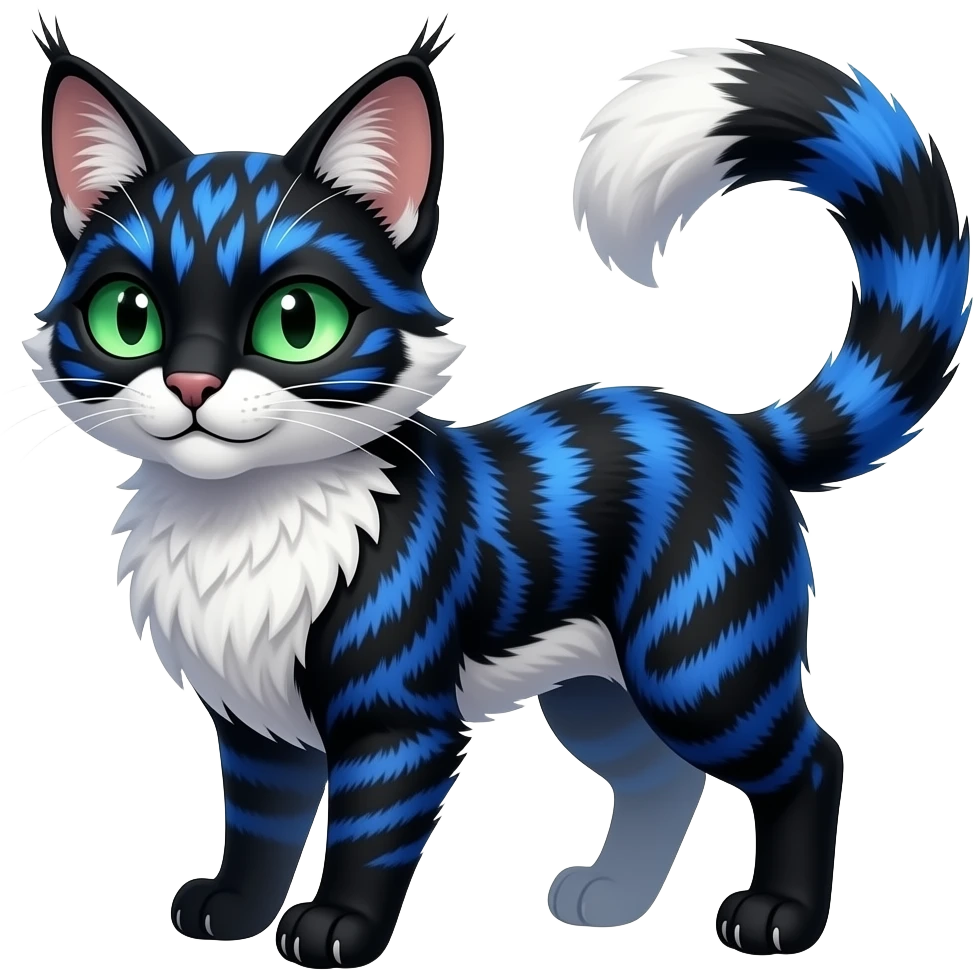 Colorful dark tropical cobalt-blue, black, white fur, with green eyes, iridescent glorious divine exotic cute cool beautiful shiny beautiful fantasy-caracal-civet-genet-sergal-vernid-Cacomistle-Furret-civet-oncilla-animal-Fakémon-hybrid-fursona with pattern markings (full body) emoji