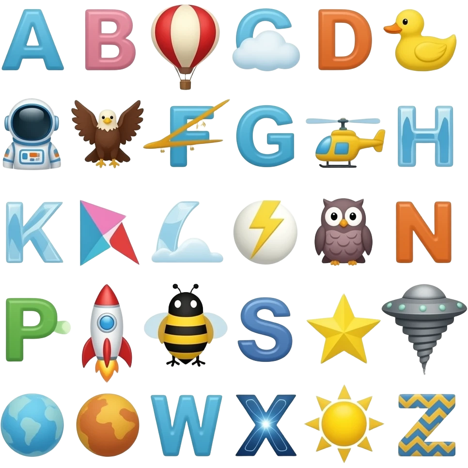 A is for Astronaut, b is for balloon (hot air balloon), c is for cloud, duck, eagle, fly (verb), glider, helicopter, ice (cloud), jet, kite, lightning, moon, Neptune, owl, plane, queen bee, rocket, star, tornado, ufo, Venus, wind, x-rays, yellow (sun), and zigzag emoji