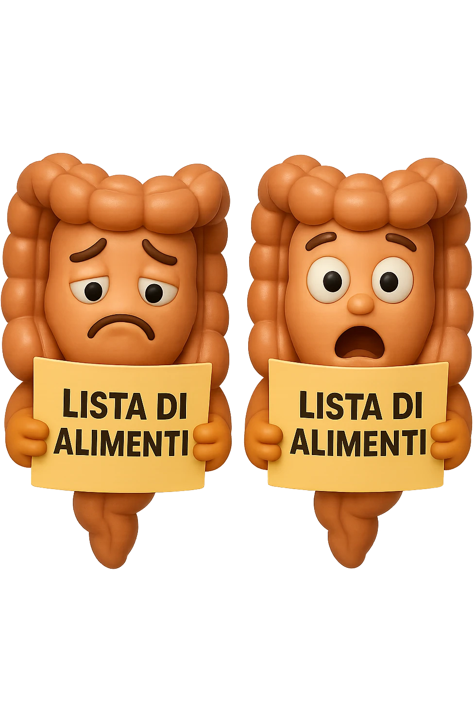 EMOJI STILE IPHONE DI UN INTESTINO CHE LEGGE UN FOGLIO CON LA SCRITTA "lista di alimenti" ed espressione triste in volto, ESPRESSIONE STUPITA IN VOLTO, IPERREALISTICO 4K emoji
