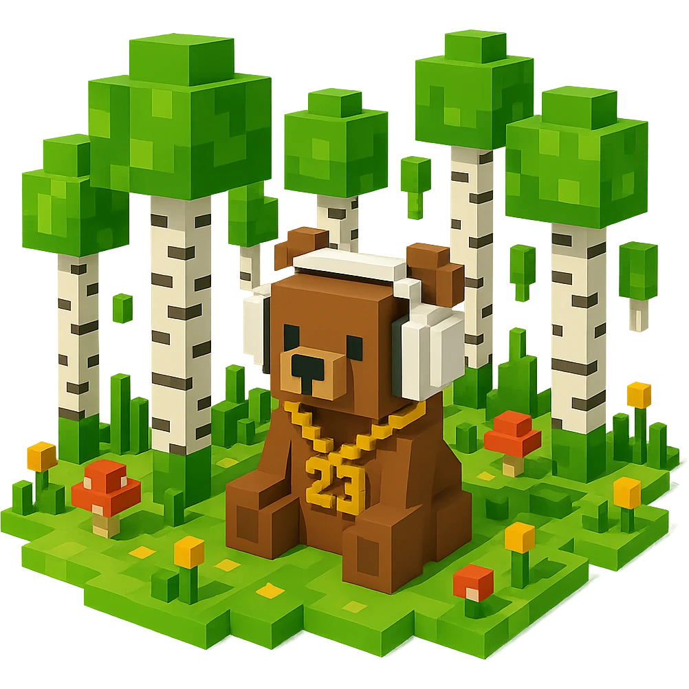 березовый лес, в котором сидит бурый медвежонок в белых наушниках (наушники должны закрывать уши медведя), на медведе цепь с подвеской "23", no background  emoji