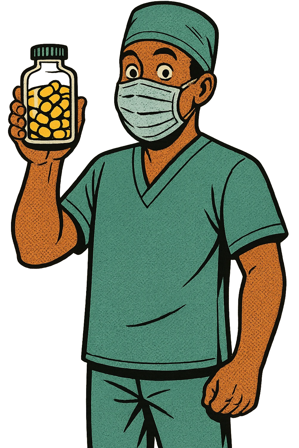 The full body of a cheerful modern black surgeon wearing a face mask holding a clear medicine bottle of pills emoji