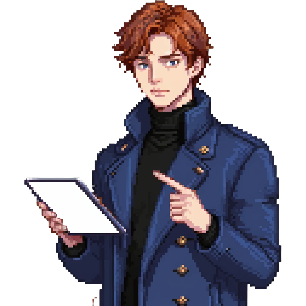Flat pixel art, bold and charismatic male leader, Caucasian, short auburn hair, sharp eyes, indigo coat over black turtleneck, one arm raised pointing out, holding tablet, waist-up, front-facing emoji
