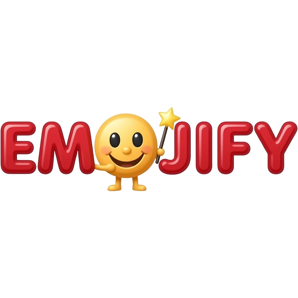 Red text "EMOJIFY", font in candy style is stretched in height and width. Letter "O" is a smiley face with a magic wand. Transparent background. emoji
