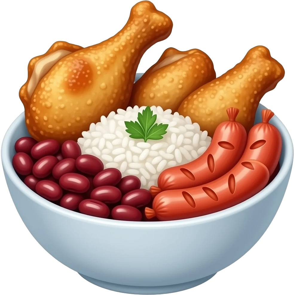 iOS style Bowl of Fried chicken wings, a scoop of white rice, and red beans with sliced sausages emoji