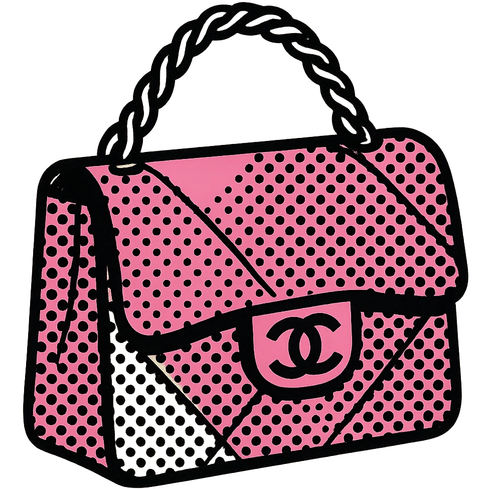 pink Chanel purse, graphic and retro, black and white halftone style emoji