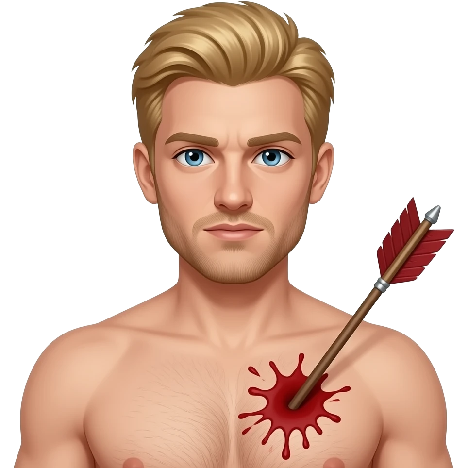 A blonde man getting hit in the chest with an arrow, not graphic, no blood, old fashioned emoji style emoji