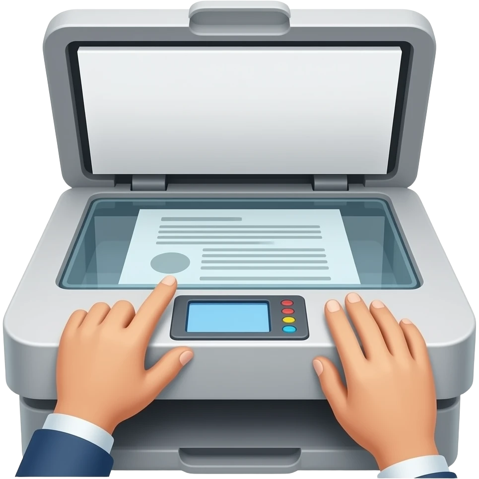 A clear close-up of hands scanning a document on a photocopy machine.  One hand pressing the start button, the other adjusting the paper on the glass.  Focus on the action of scanning, emoji