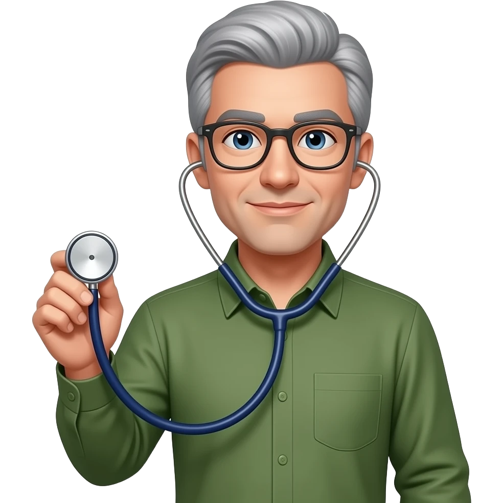 olive green long sleeved shirt grey hair glasses holding stethoscope left handed emoji