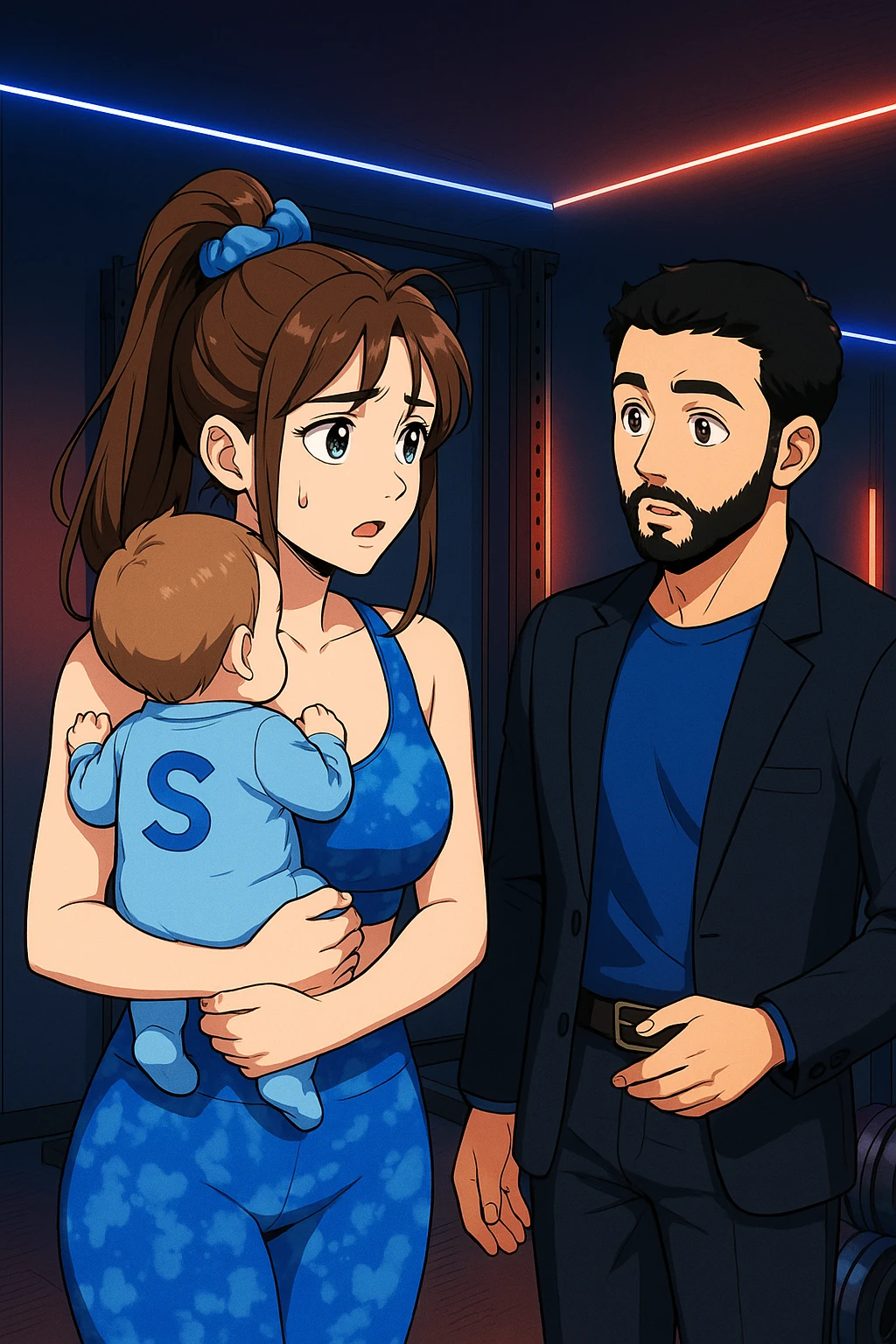 ispirati a questo stile di disegno e fai questa immagine in versione manga/webtoon a colori, il manga mostra la donna preoccupata con un neonato in braccio con una tutina azzurra e la scritta "S" sulla schiena, la donna gli sta facendo una domanda all'uomo, ma non fare i fumetti, fai come se stessero parlando emoji