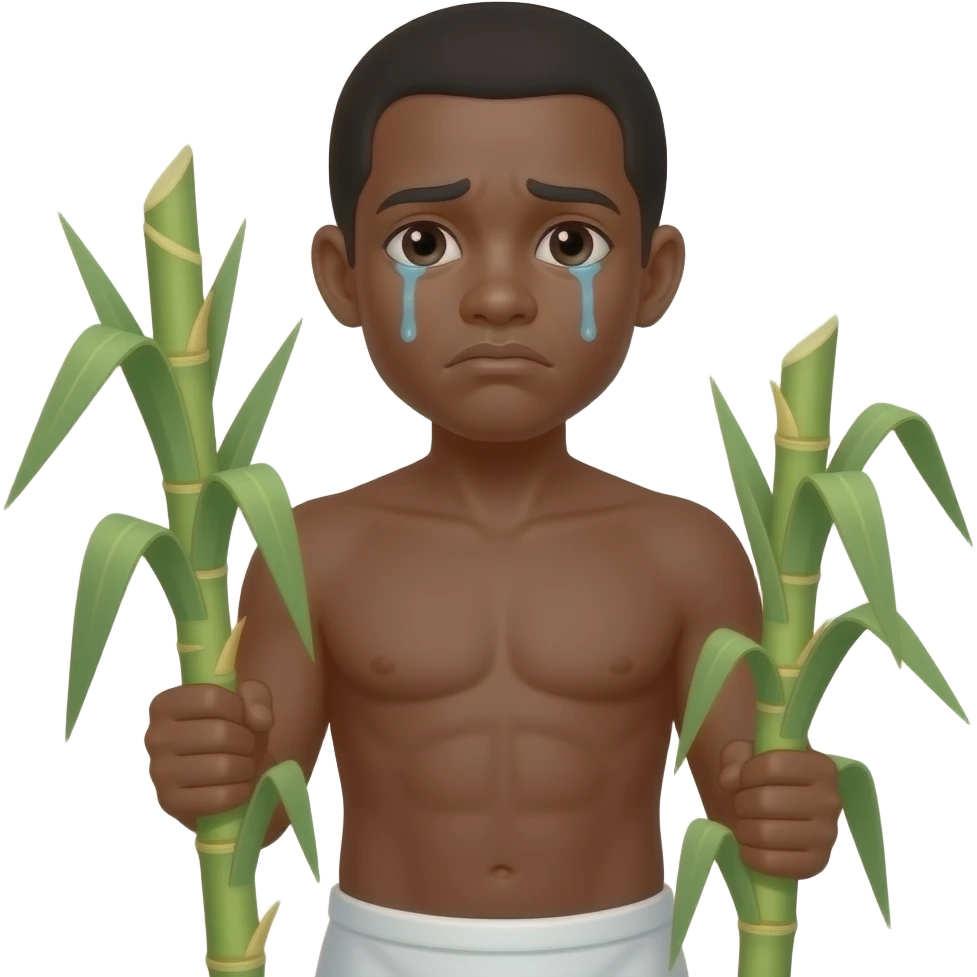 black slave with sad face but not crying standing wearing only a white bottom cultivating sugar cane emoji