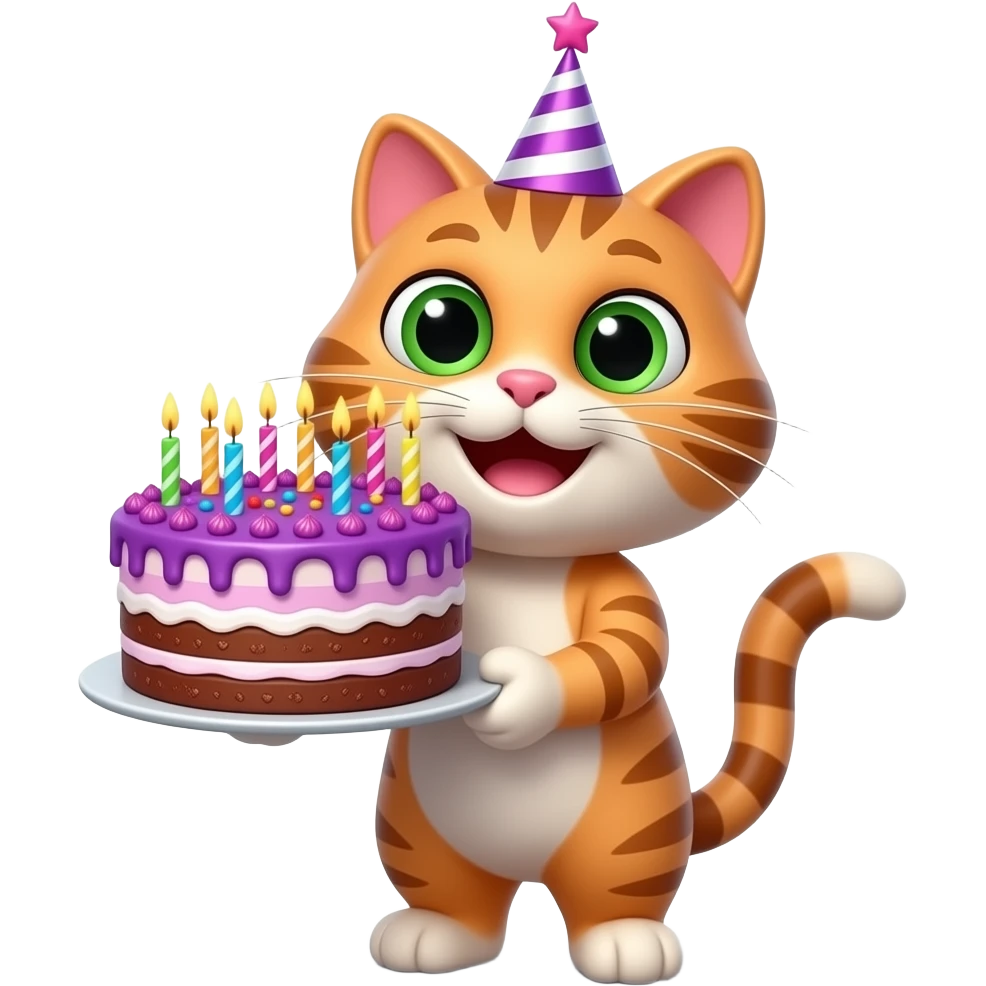 a happy cartoon 3d cat with a birthday hat on holds a big purple 3d bithday cake excessufully decorated and candles on emoji