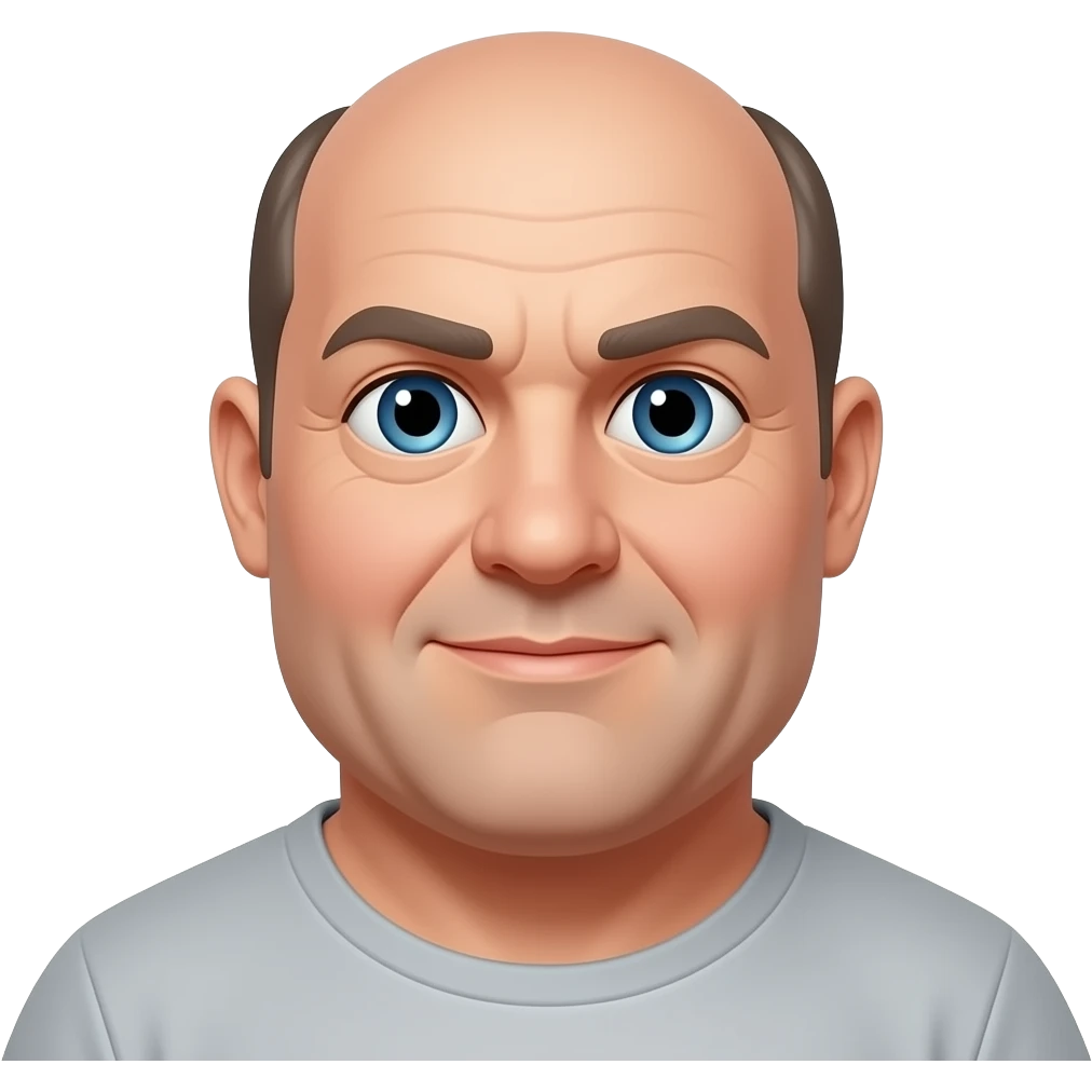 50 year old obese man, bald with hair on sides and near top of head, and blue eyes emoji