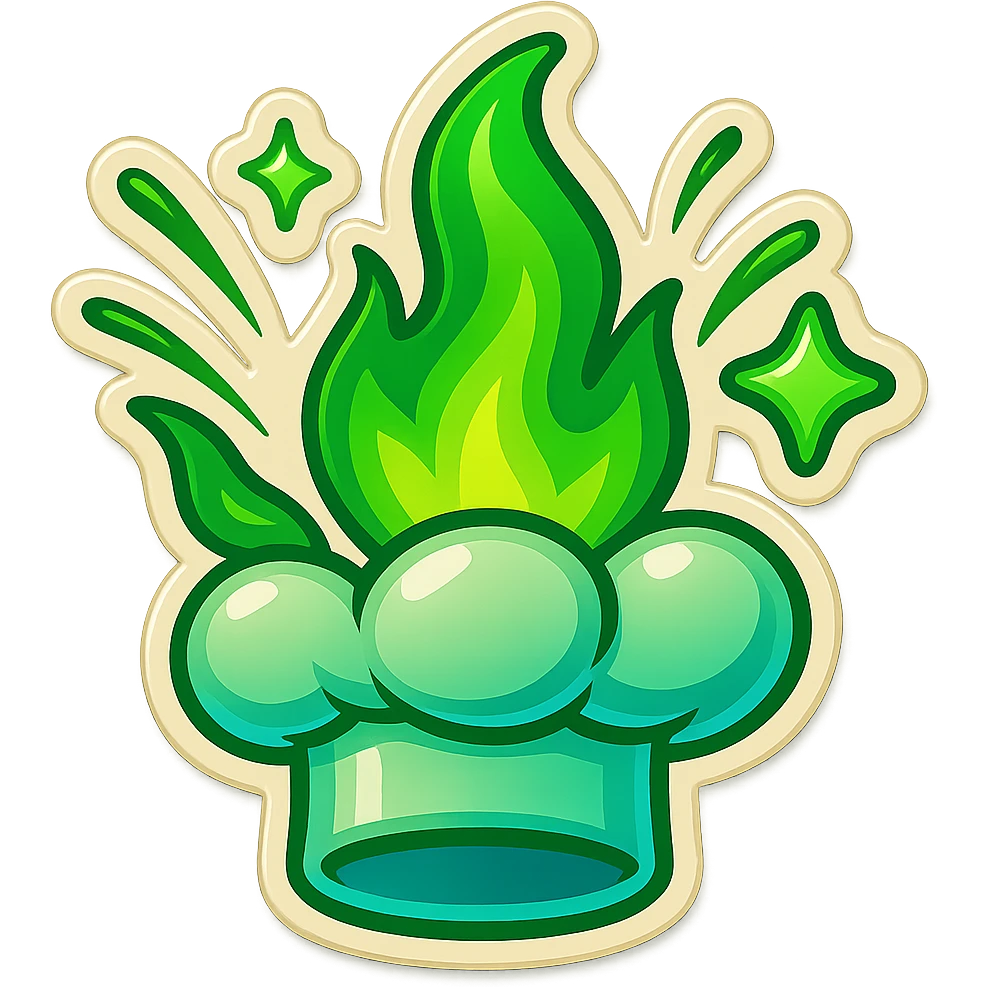 chef's hat explode with trails of fires, emoji, playful, magic flame green gradient, vibrant, flame matching style reference file emoji