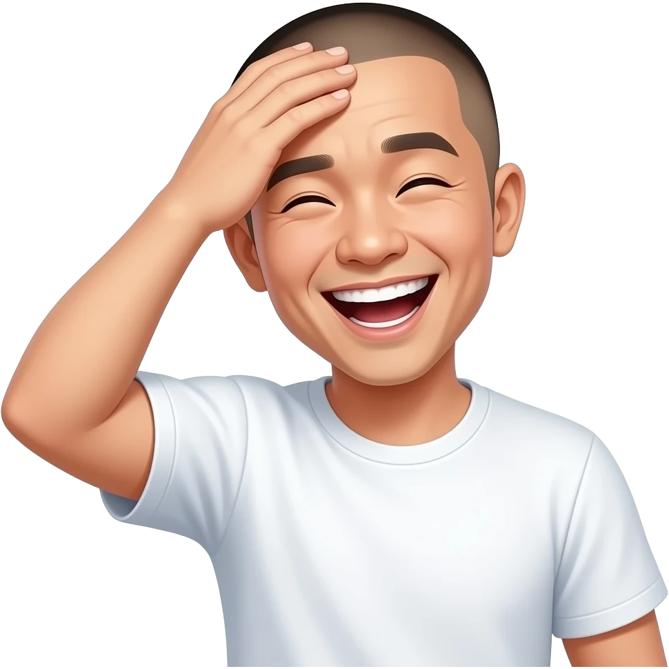 asian guy with shaved head with palm on foreheard laughing shaking his head with white t shirt on emoji