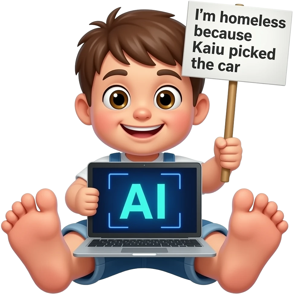 make a ugly brown haired kid with a sign that says im homeless because kaiu picked the car and make him have massive feet and make sure hes fat make him have chubby cheeks and make him smirking and make him stupid and make him have a computer with ai on it and give him a unibrow emoji