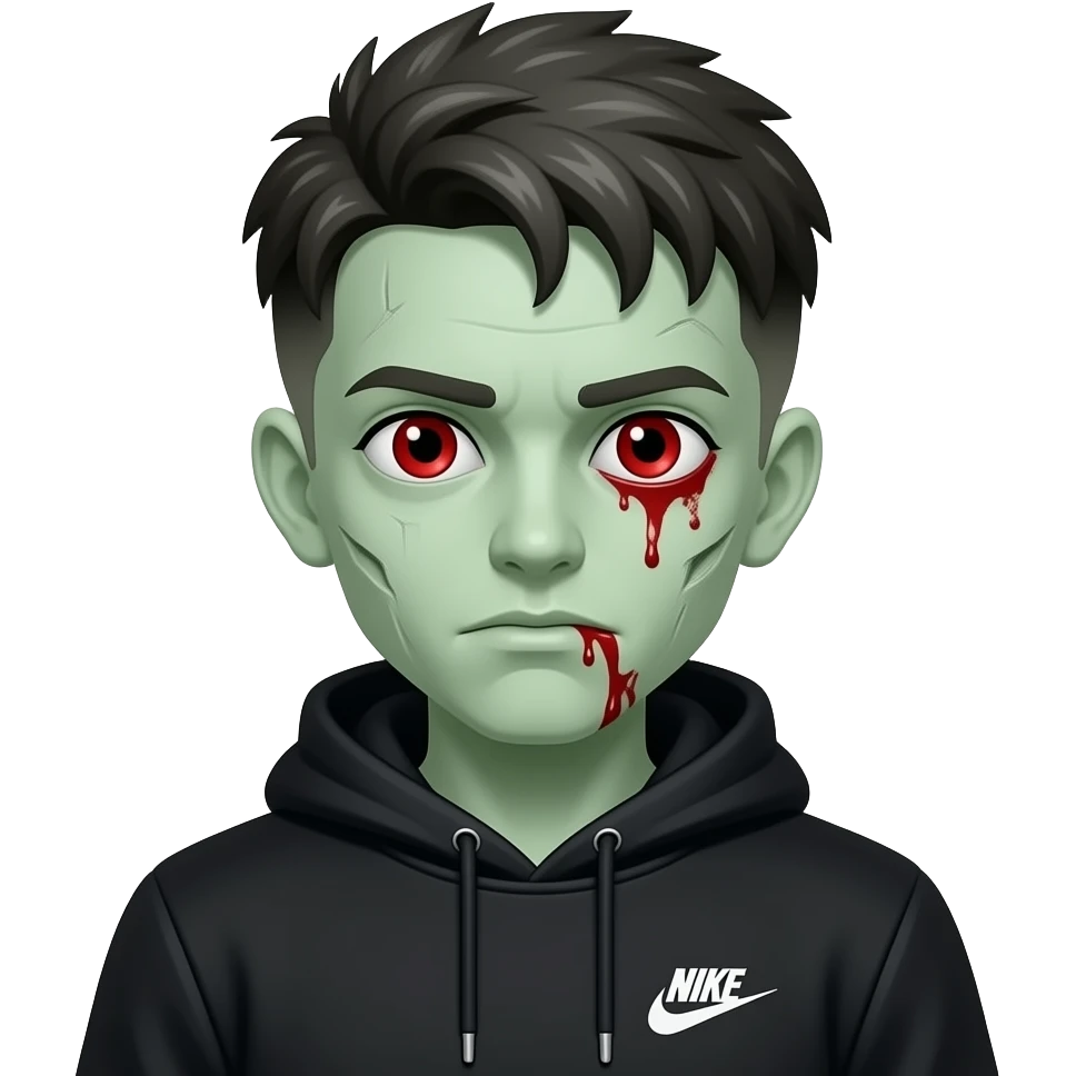 zombie boy with a taper fade, pale green skin, black nike tech, hoodie and red bloody eyes emoji