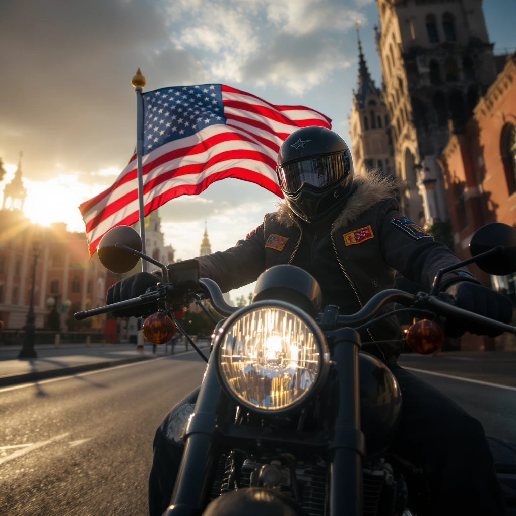 biker with flag anf bomber jacket on bike emoji