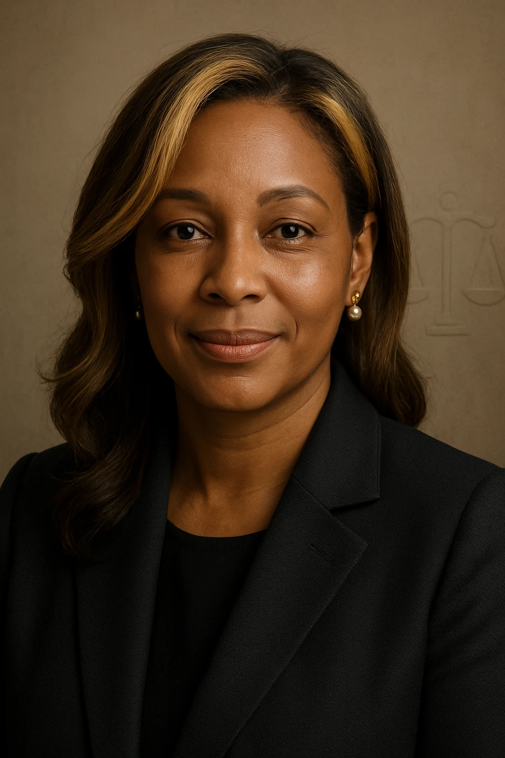 Black woman with serene and confident face, blonde hair with highlights and brunette, wearing a dark formal blazer. Warm and attentive expression with a light smile. Discreet justice symbol engraved in the background. Maternal touch: small earrings or delicate pendant. emoji