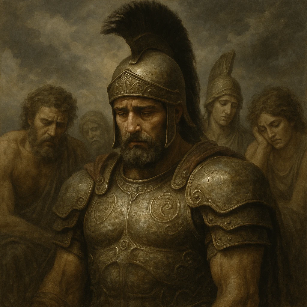 Ares, expression fatiguée des autres dieux, style semi-réaliste, armure détaillée, fond nuageux, sans texte emoji