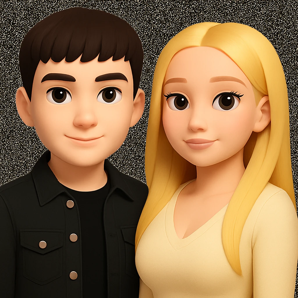 Slightly increase the volume of the upper body of the girl, slightly turn her to face forward, and make the boy's skin lighter, while preserving the cartoon style as in the original image. emoji