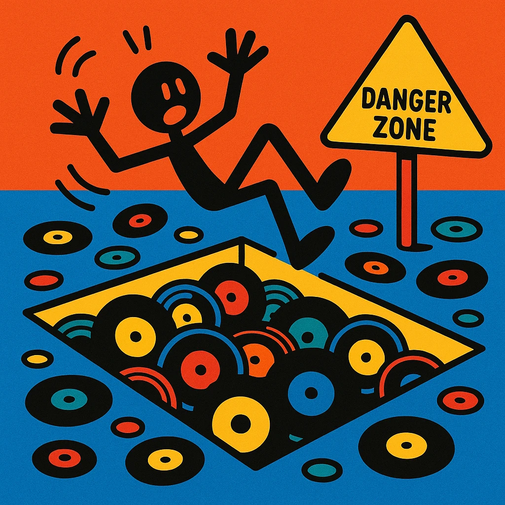 A stick figure falling into a pit full of vinyl records, like a 'Danger Zone' sign emoji