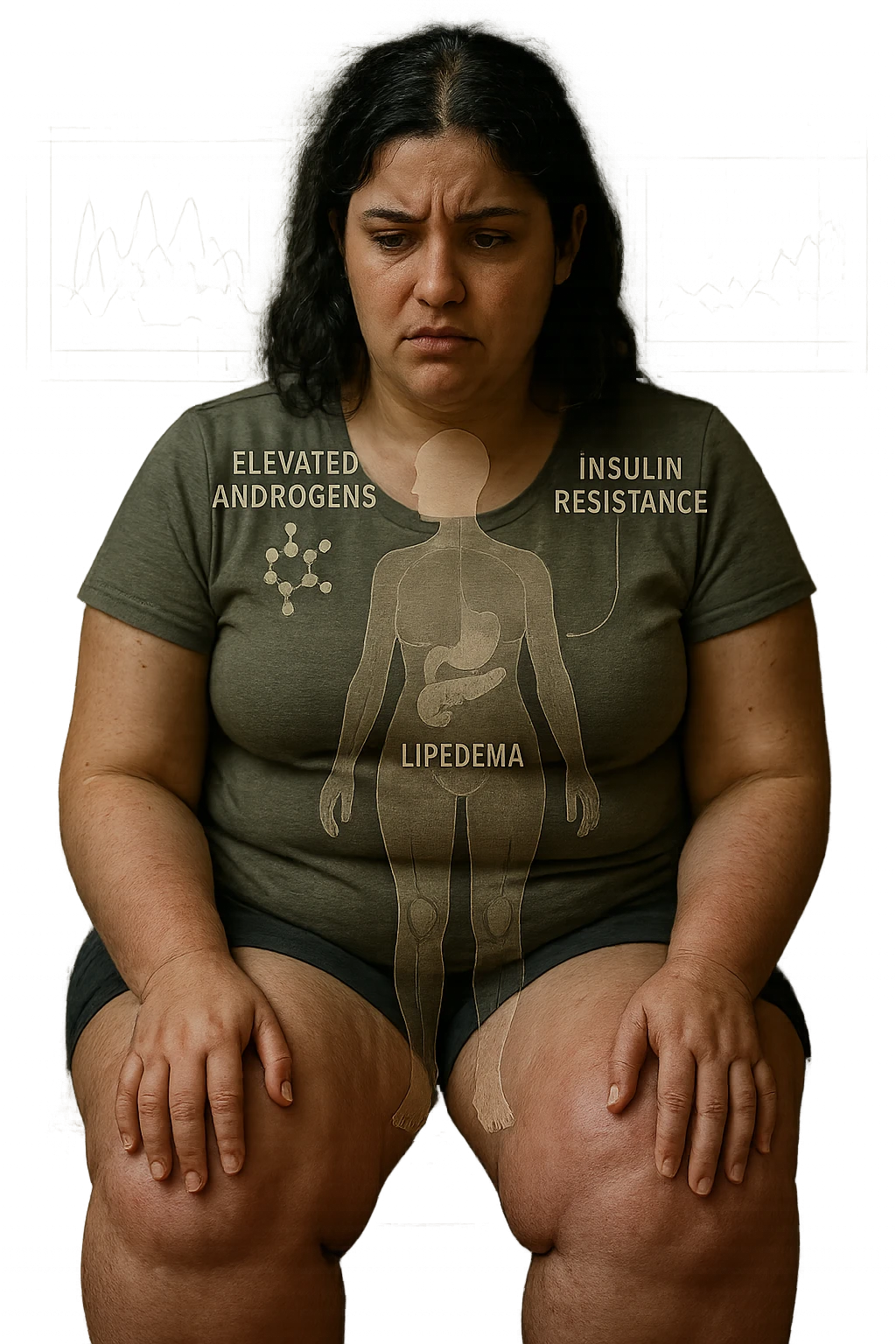 cinematic realistic in italiano Woman with PCOS struggling with hormonal chaos, transparent overlay showing elevated androgens and insulin resistance affecting her body, lipedema causing disproportionate fat accumulation in legs and arms despite normal torso, expression of frustration with unexplained weight gain, medical charts showing complex endocrine dysfunction, painful swollen limbs contrasting with metabolic confusion in italiano emoji